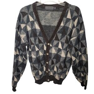 VTG David Taylor Geometric Knit Button Cardigan Sweater Preppy Academia Dad Sz L